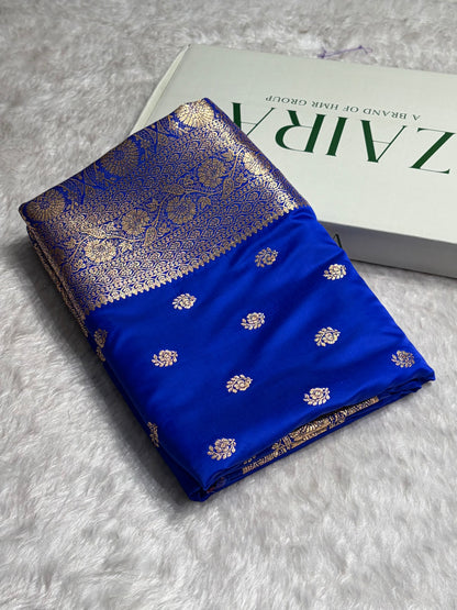 Royal Blue Floral Boota Pattern Satin Katan Silk Saree SK72