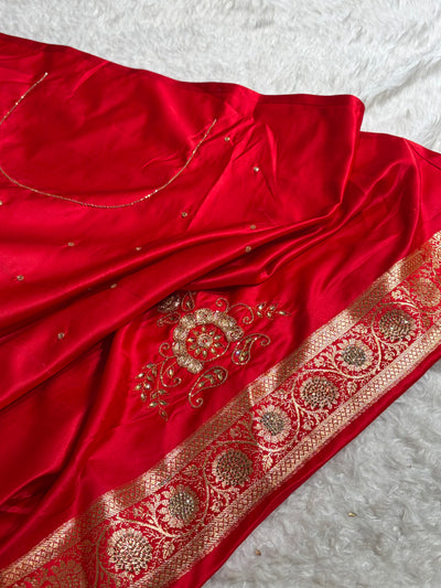 Red Banarasi Brocade With Swarovski Work Soft Katan Silk Saree - BSK44