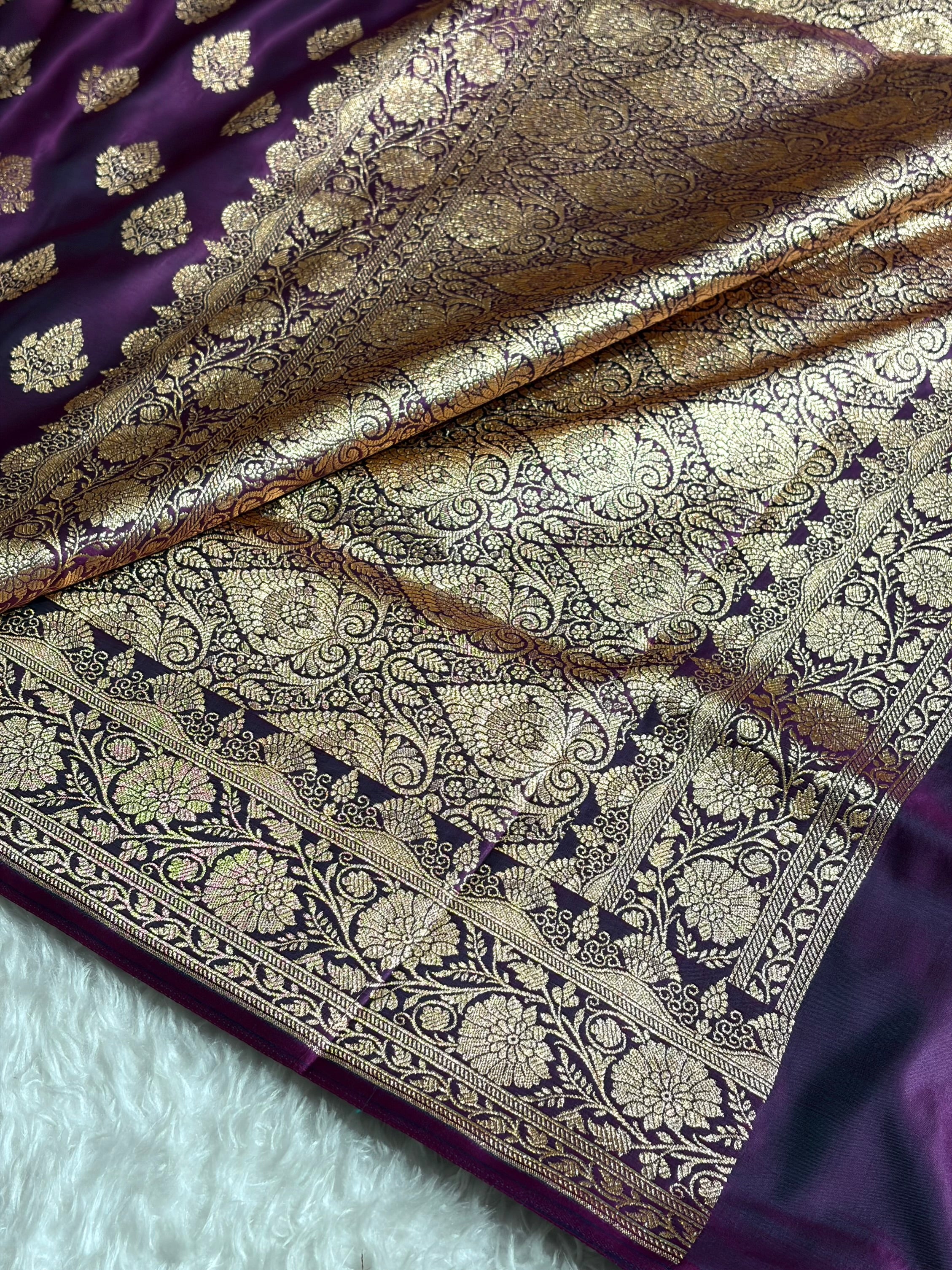 Cross Wine Floral Boota Pattern Satin Katan Silk saree SK45