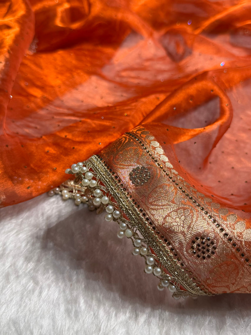 Orange Shades Pure Tissue Silk With Banarasi Swarovski Work Saree with Brocade Blouse BPGPT-09