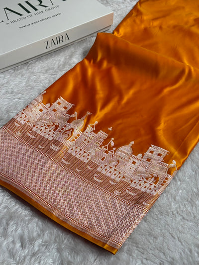 Orange Shades Ghat Pattern Satin Katan Silk Saree SK19
