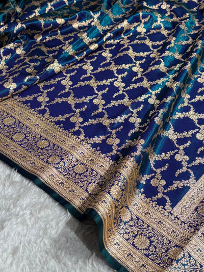 Peacock Shades Cross Pattern Banarasi Satin Silk Saree SS40