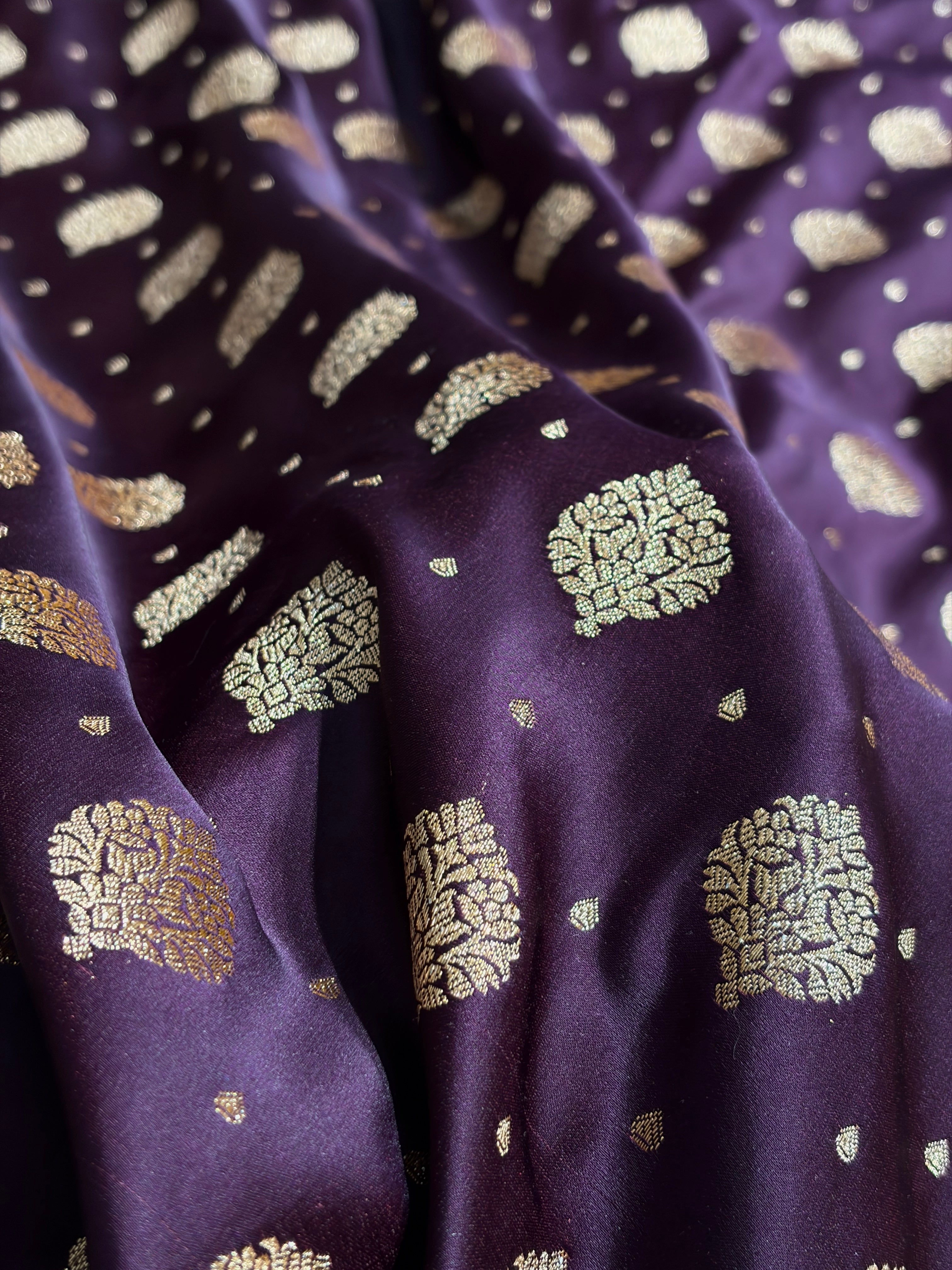 Cross Dark Wine Unique Boota Pattern Satin Katan Silk Saree SK69