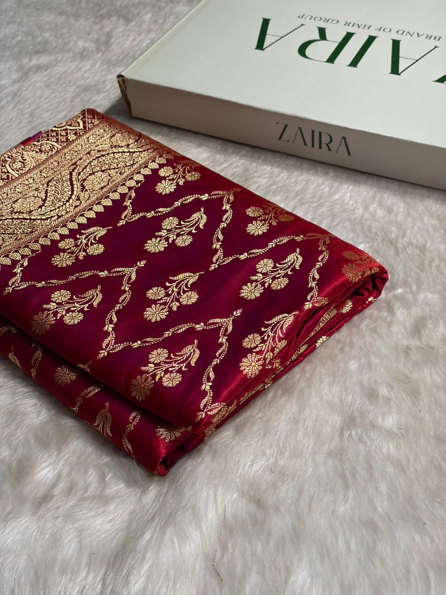Megentic Red Cross with Boota Pattern Satin Katan Silk Saree SK67
