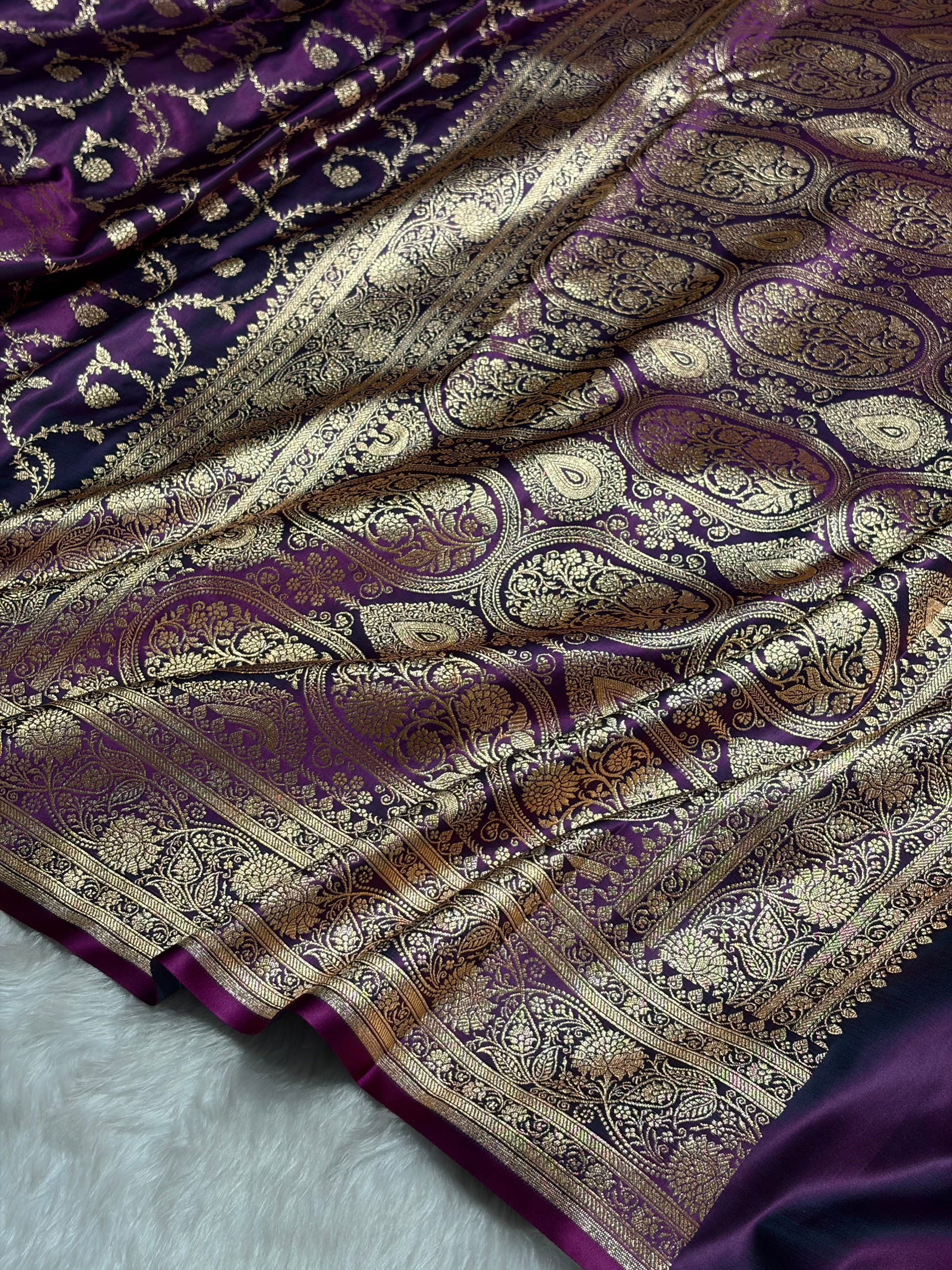 Wine Floral Jaal Pattern Satin Katan Silk saree SK55