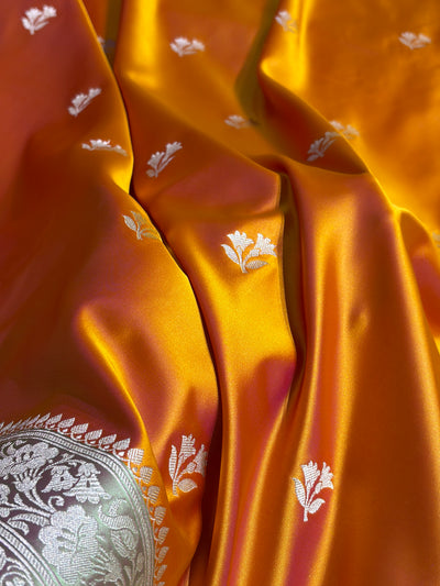 Contrast Orange / Olive Gold Shades Banarasi Booti Pattern Mashru Silk Saree MSM-138