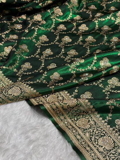 Satin Silk Saree Banarasi Swarovski Work Jaal in Bottle Green Shades BSS23 (R)