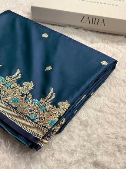 Banarasi Satin Katan Saree Booti Minakari Pattern in German Blue Shades SK136