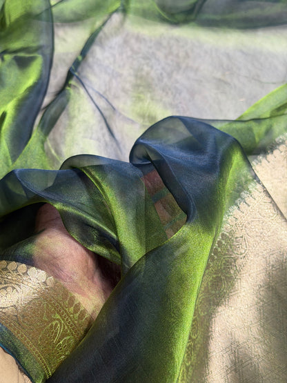 Banarasi Bottle Green Shades Pure Tissue Silk Saree with Brocade Blouse PT-09