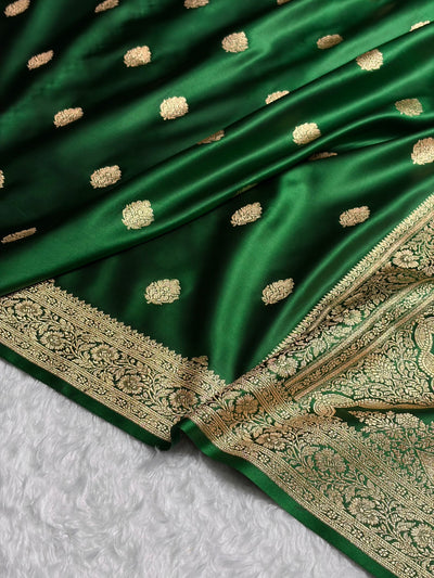Banarasi Bottle Green Booti Pattern Satin Katan Silk Saree SK65