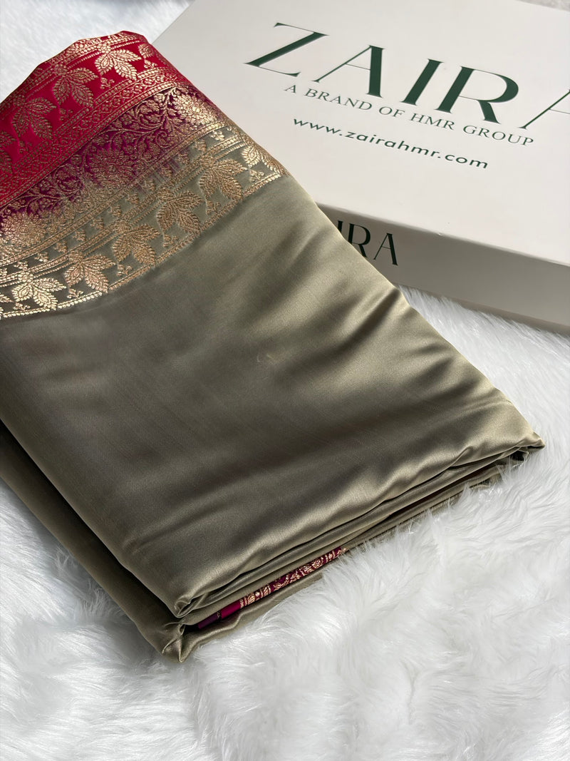 Banarasi Satin Katan Saree in Contrast Metallic Grey / Rani Shades SK131