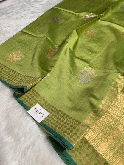 Olive Green Shades Handwoven Pure Raw Mango Silk RM-48