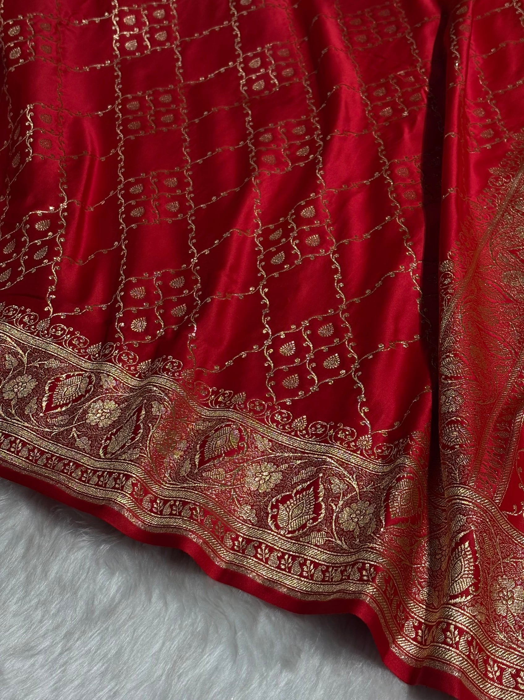 Red Jaal Satin Katan Silk Saree SK21