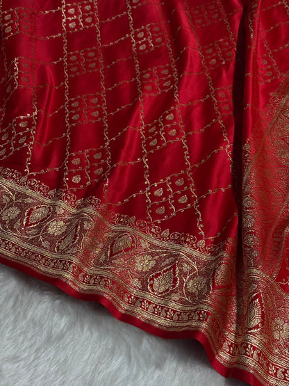 Red Jaal Satin Katan Silk Saree SK21