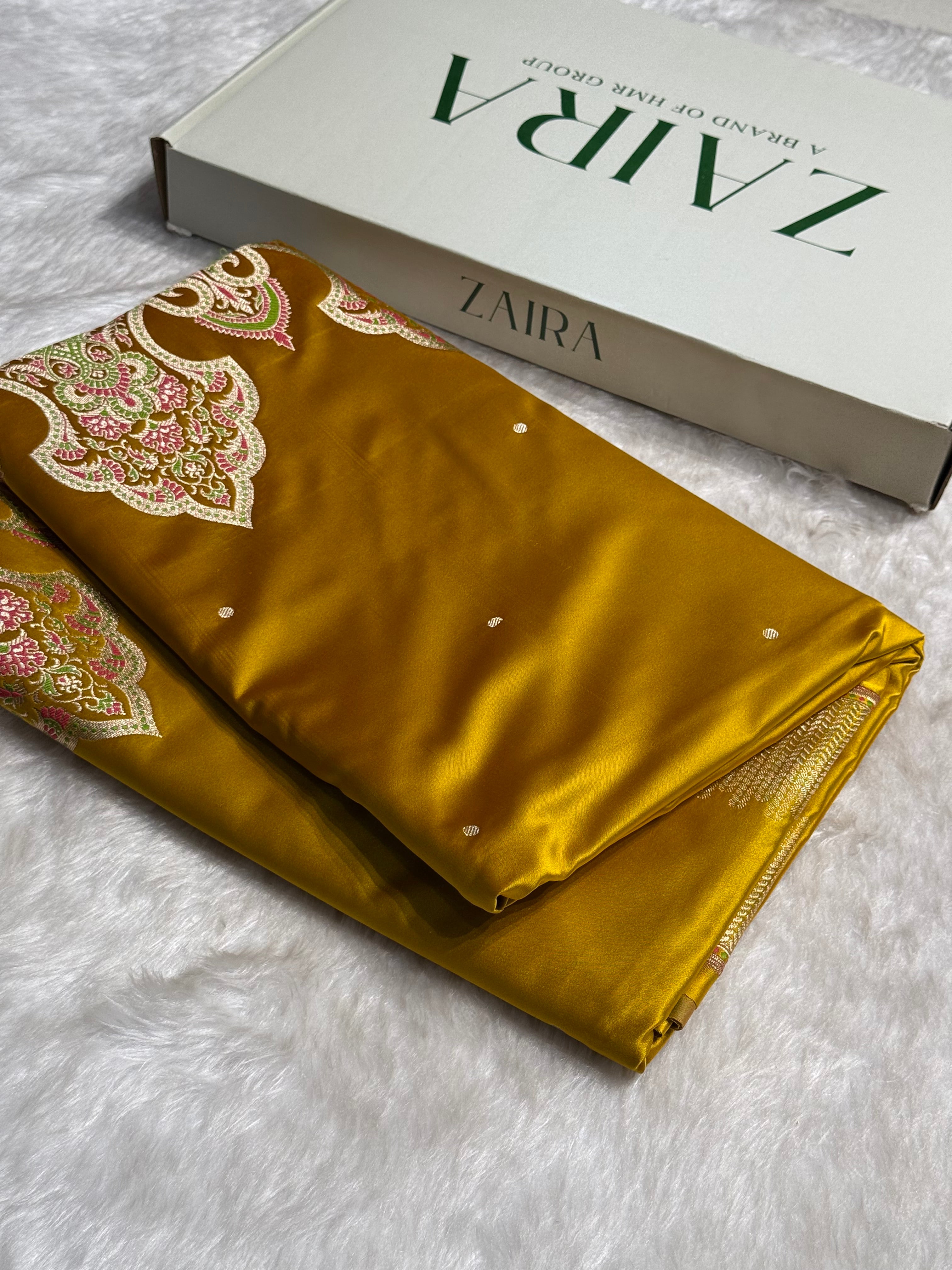 Lemon Mehendi Booti Pattern Satin Katan Silk Saree SK56
