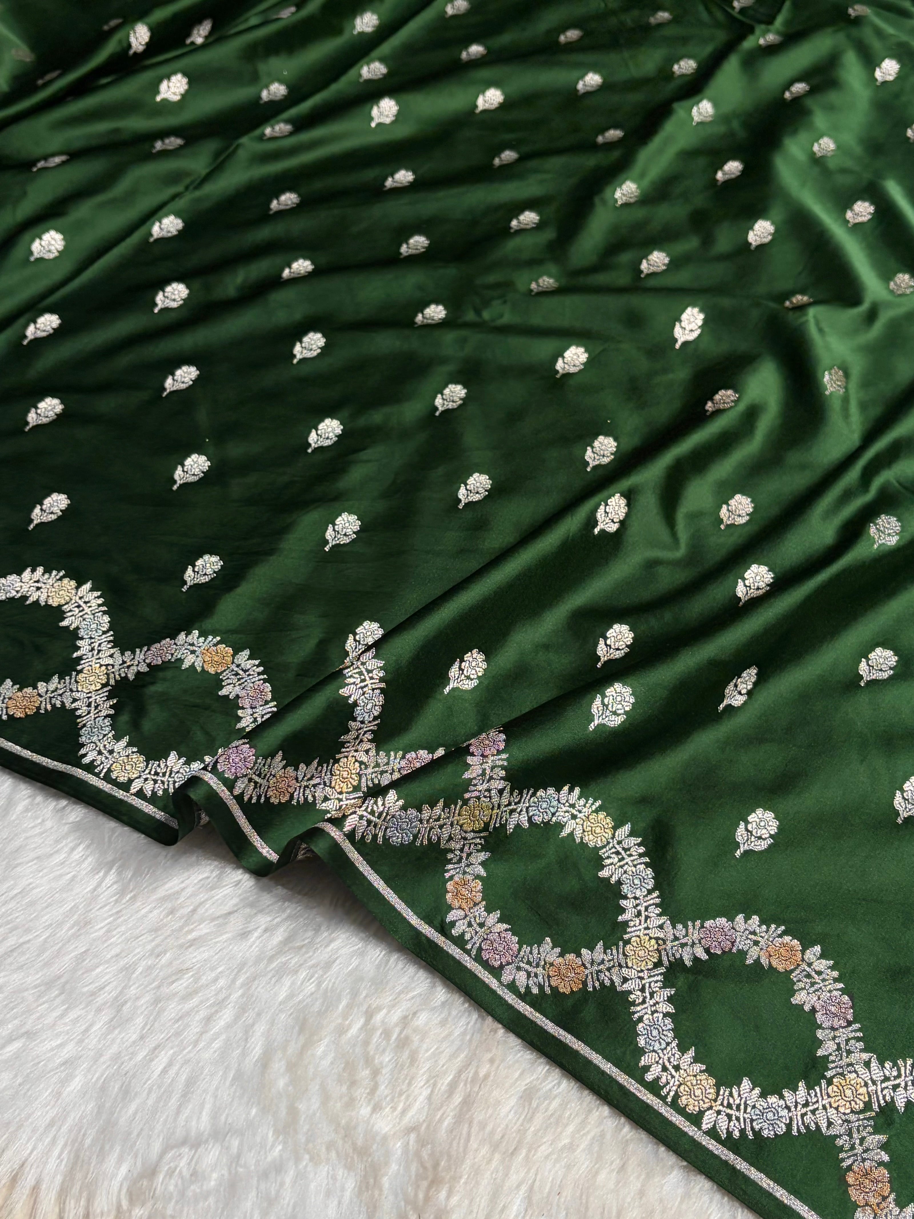 Bottle Green Minakari Scallop Floral Booti Mashru Silk Saree MS46