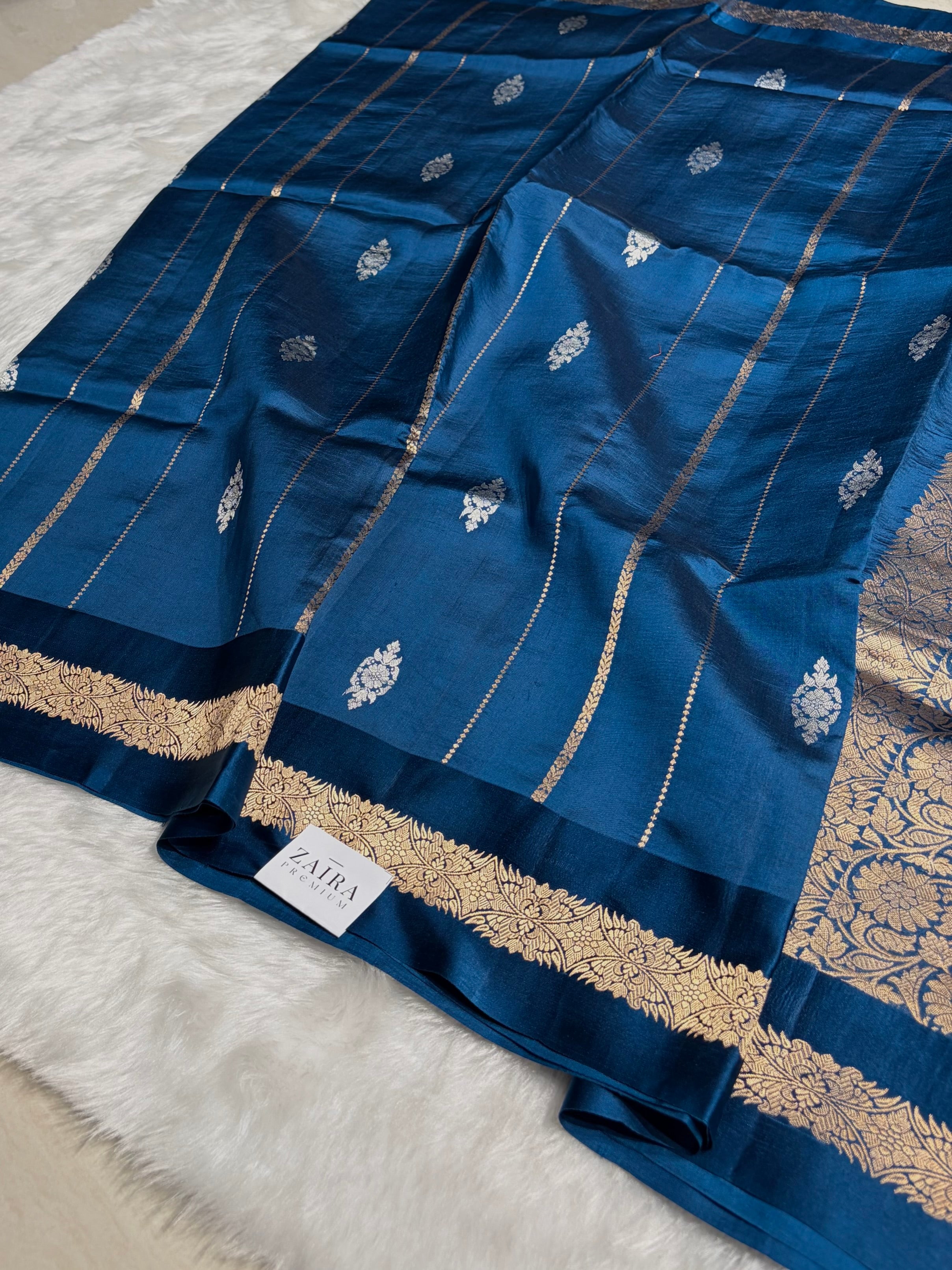 German Blue Shades Boota Handwoven Pure Katan Raw Mango Silk RM-37