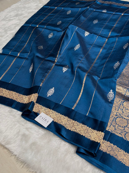 German Blue Shades Boota Handwoven Pure Katan Raw Mango Silk RM-37