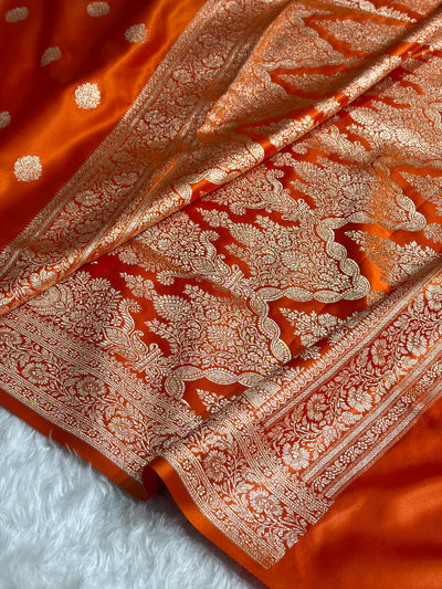 Banarasi Fanta Orange Booti Pattern Satin Katan Silk Saree SK65