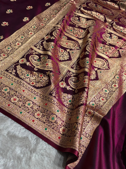 Wine Shades Minakari Boota Pattern Banarasi Satin Silk Saree SS44