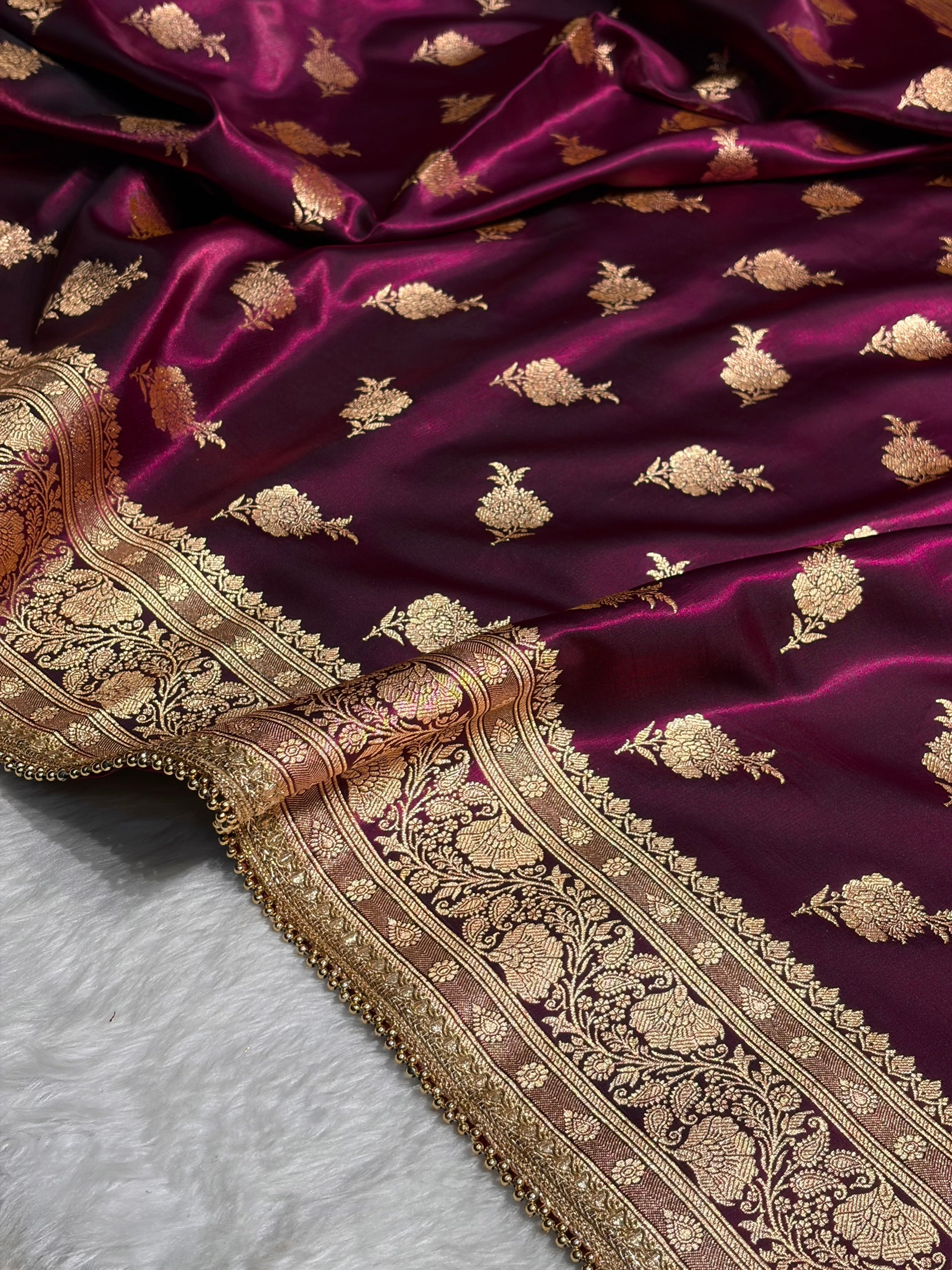 Banarasi Satin Silk Saree With Gotta Patti Floral Boota in Wine Shades SSGP26