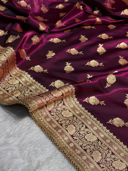 Banarasi Satin Silk Saree With Gotta Patti Floral Boota in Wine Shades SSGP26