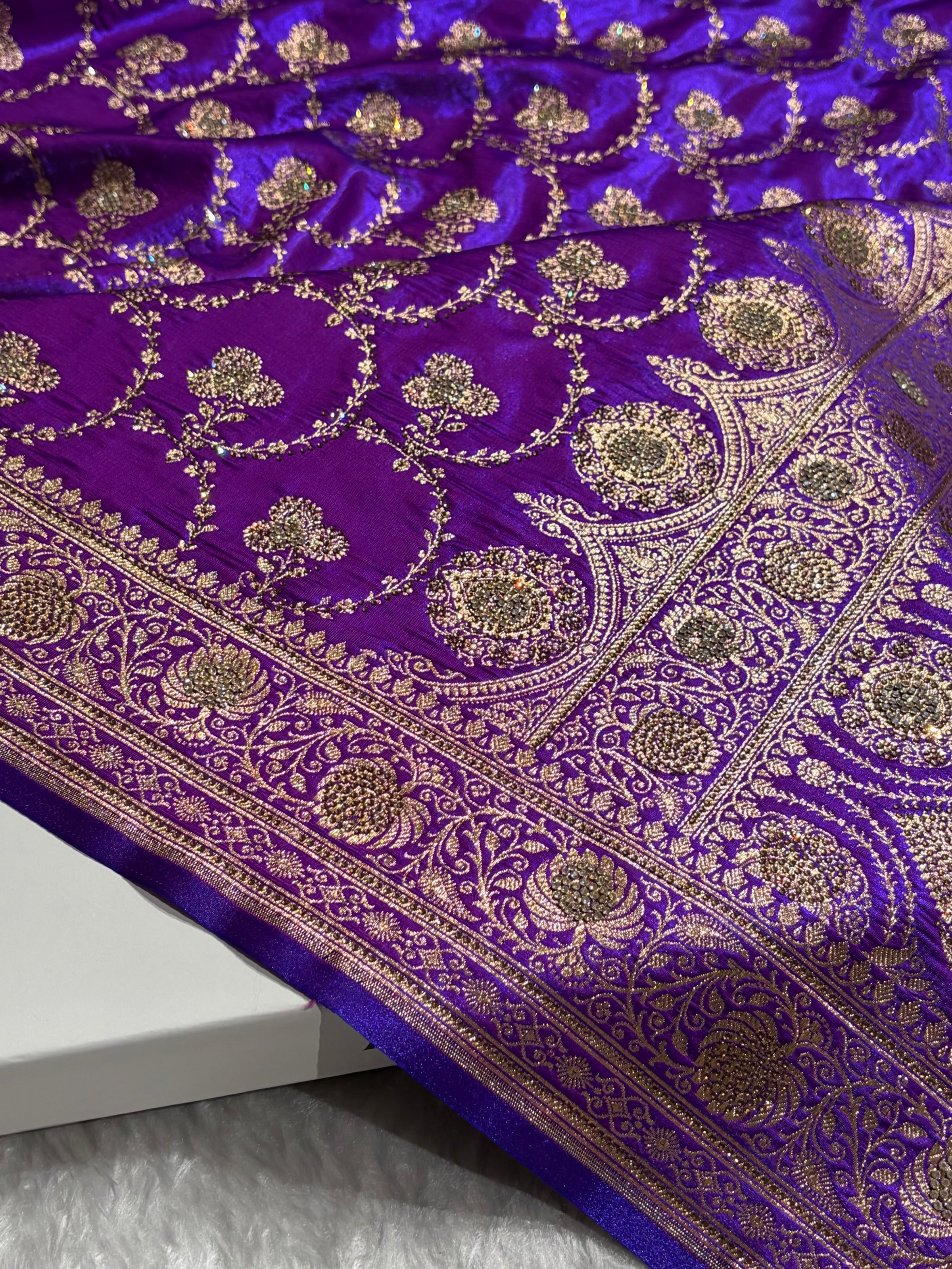 Satin Silk Saree Banarasi Swarovski Work Jaal in Purple Shades BSS23 (R)