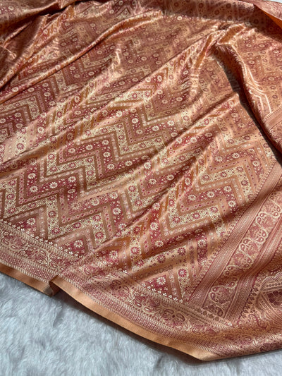 Banarasi Rose Peach Shades Jamawar Tanchoi With Minakari Jaal Katan Silk Saree SKTM-26