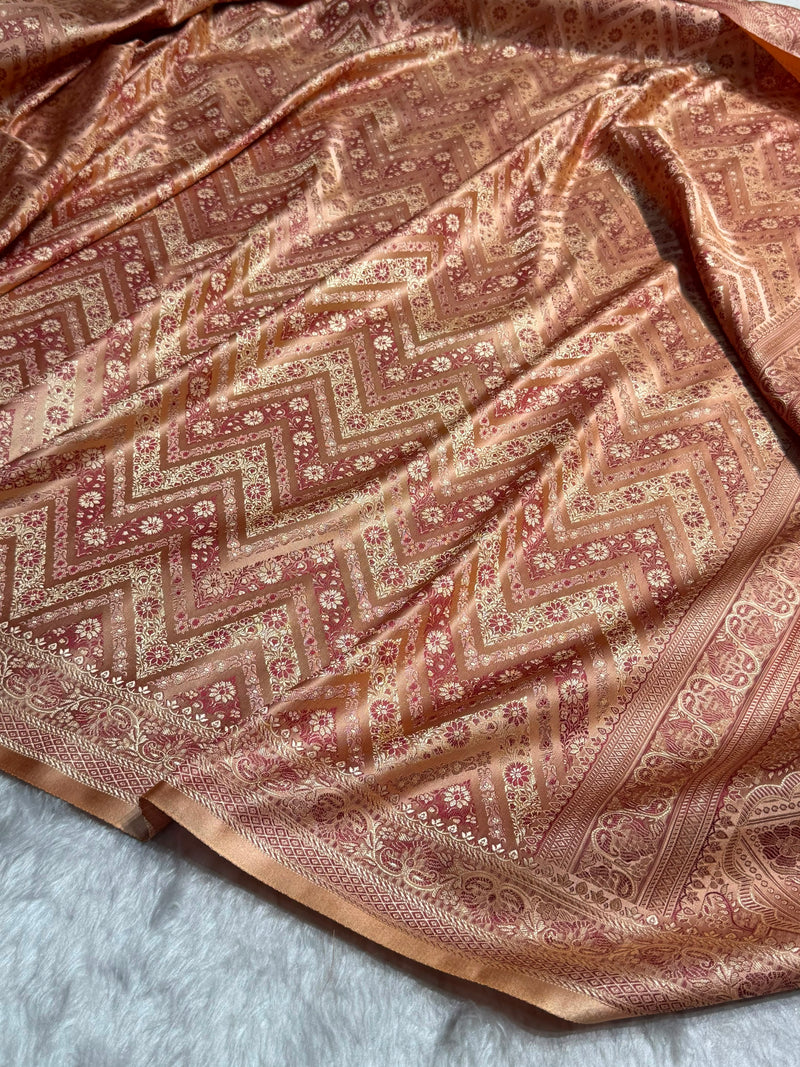 Banarasi Rose Peach Shades Jamawar Tanchoi With Minakari Jaal Katan Silk Saree SKTM-26