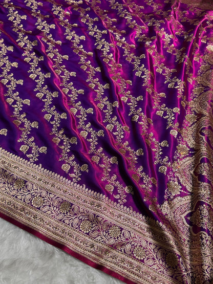 Cross Purple Shades Banarasi Cross Jaal With Stone Work Satin Silk Saree BSS11