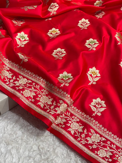 Premium Banarasi Satin Katan Saree With Minakari Boota in Red Shades SK112