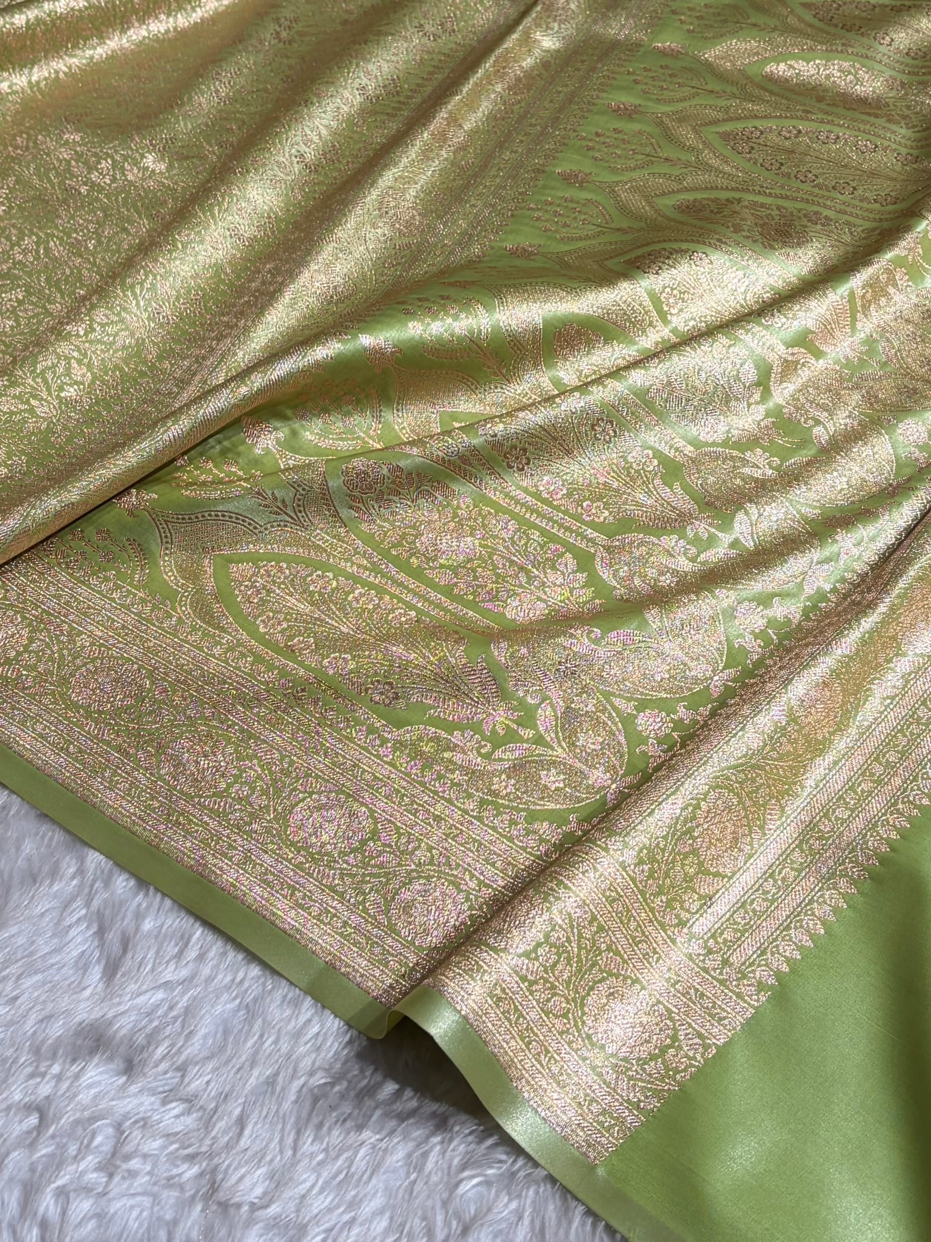 Light Pista Shades Brocket Satin Silk Saree Banarasi Saree Shades SS30