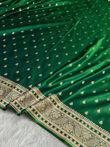 Cross Green Floral Pattern Satin Katan Silk Saree SK78