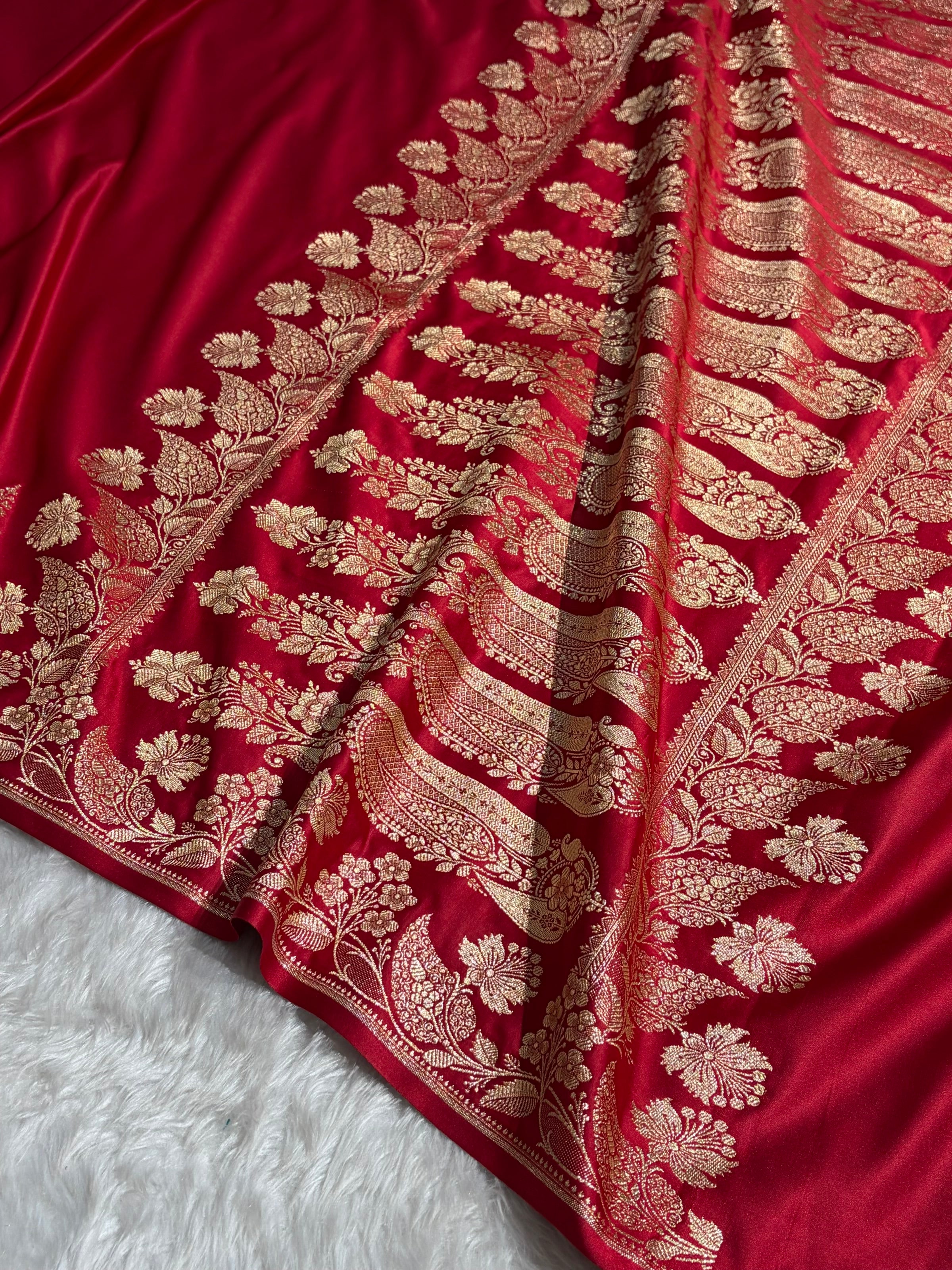 Banarasi Satin Katan Saree Plain With Floral Border Pattern in Red Shades SK140