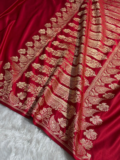 Banarasi Satin Katan Saree Plain With Floral Border Pattern in Red Shades SK140