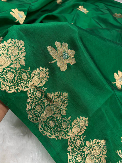Banarasi Bottle Green Shades Minakari Boota Handwoven Pure Paper Silk RM-79
