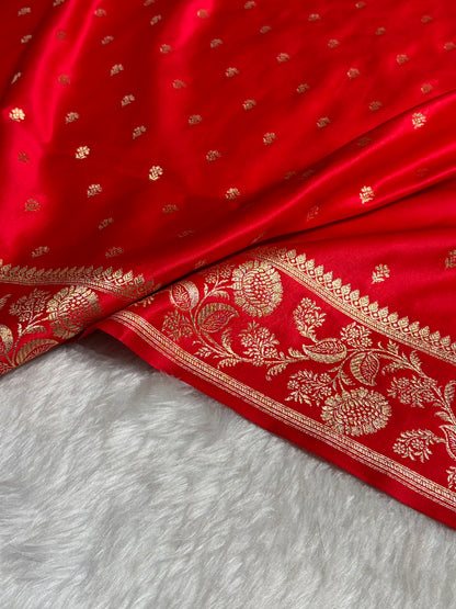 Red Floral Pattern Satin Katan Silk Saree SK77