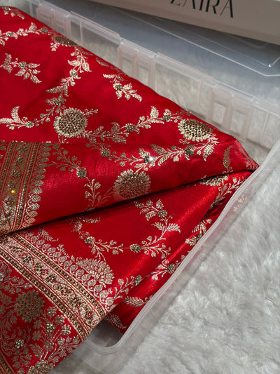 Light Weight Red Satin Silk Saree with Swarovski work BSS14