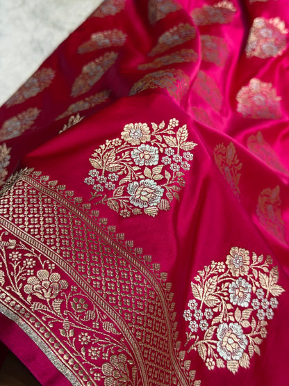 Premium Banarasi Satin Katan Saree With Minakari Boota in Rani Shades SK93