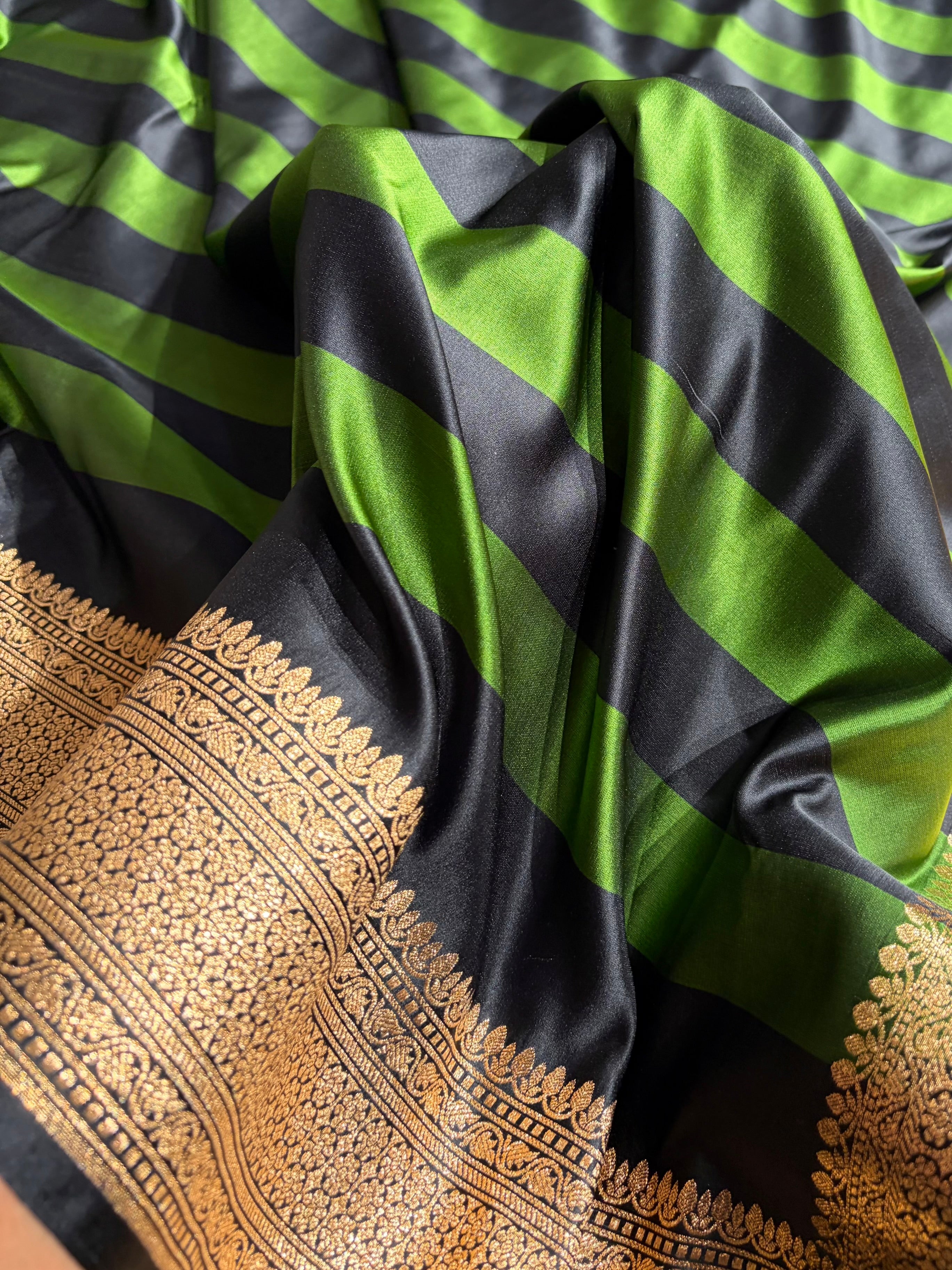 Bottle Green With Black Horizontal Strips Floral Border & Brocade Blouse Mashru Silk Saree MSM-84