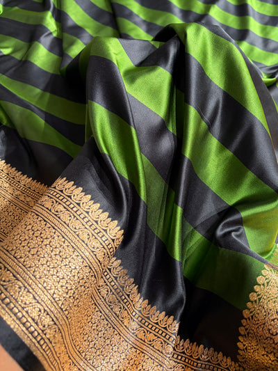 Bottle Green With Black Horizontal Strips Floral Border & Brocade Blouse Mashru Silk Saree MSM-84