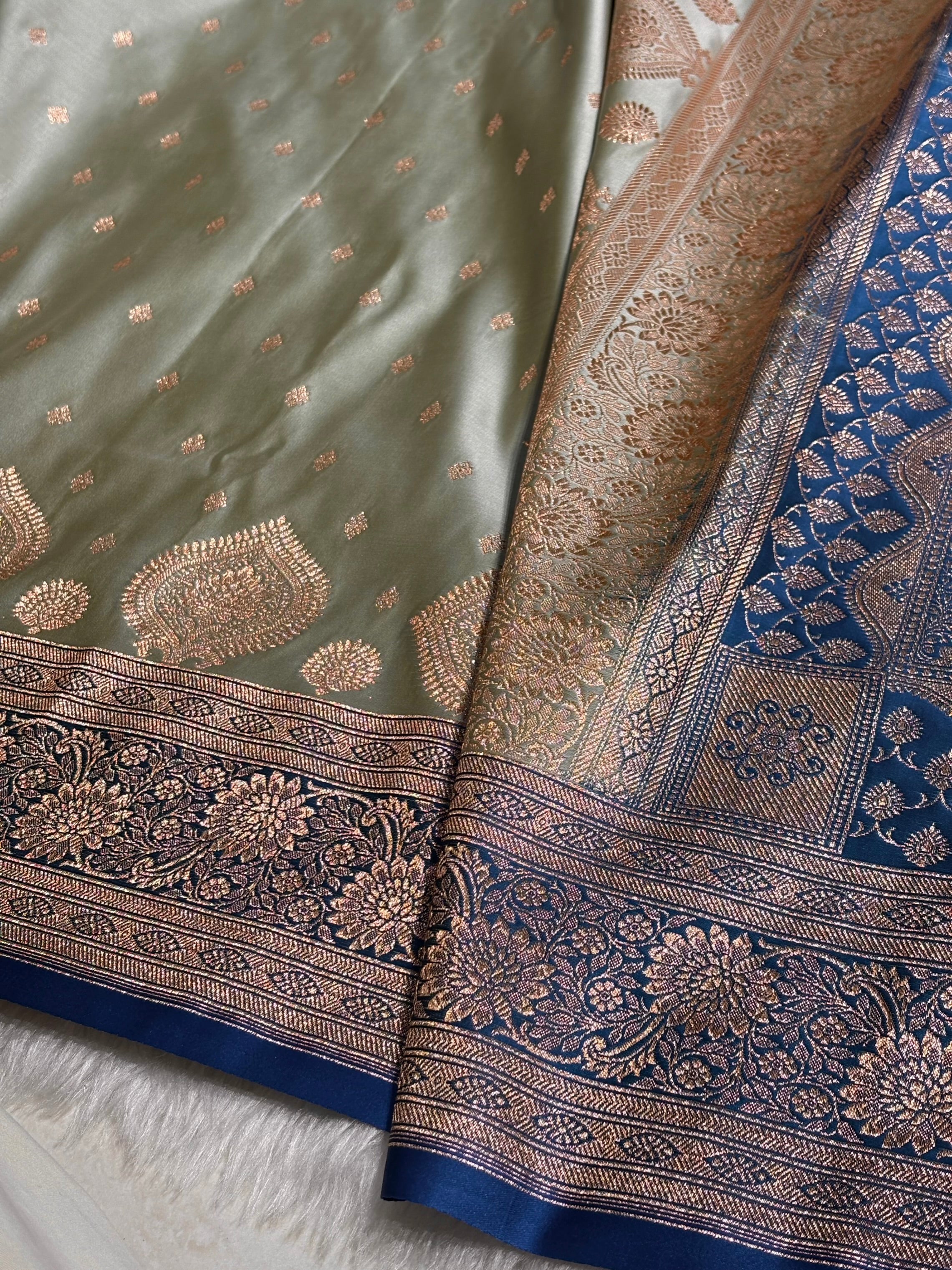 Dark Pista with Firozi Booti Satin Katan Silk Saree SK29