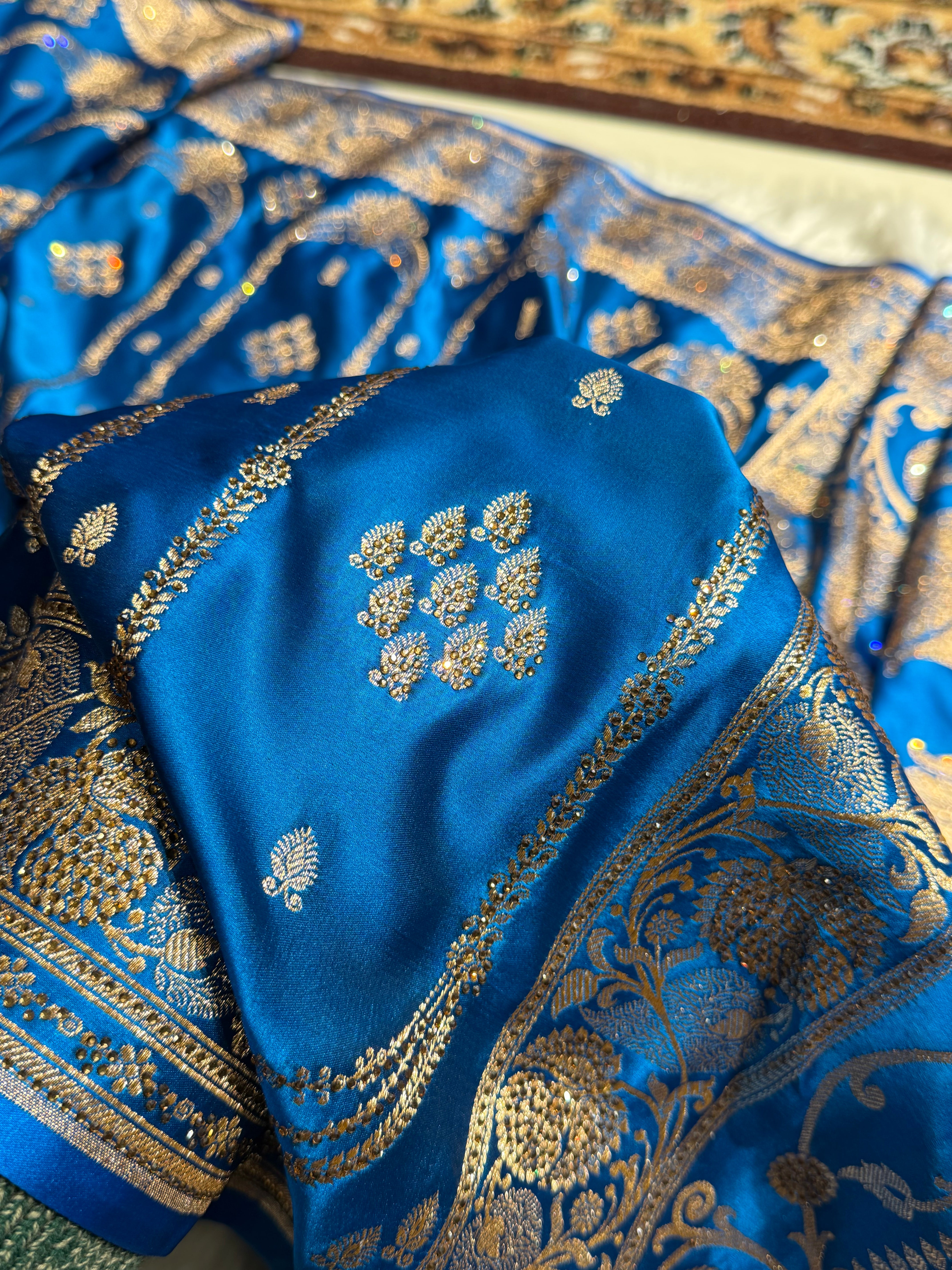 Dusty Blue Floral Boota Pattern With Banarasi Swarovski Stone Work Satin Katan Silk saree BSK39