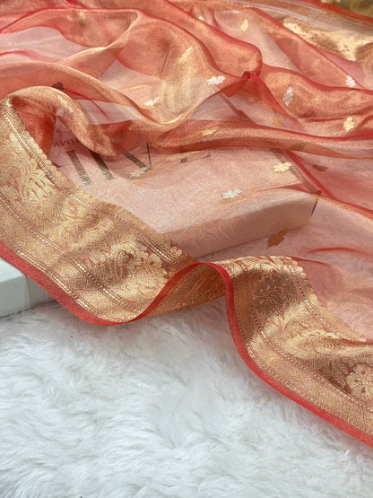 Peach Shades Bananasi Floral Shades Pure Tissue Silk Saree PT-58