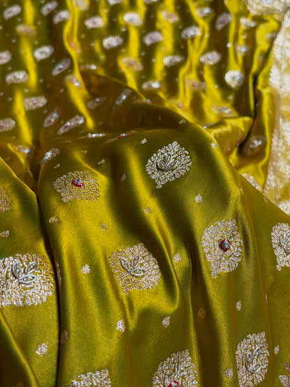 Bridal Mehendi Unique Boota Pattern With Stone & Ari Work Satin Katan Silk Saree BSK69