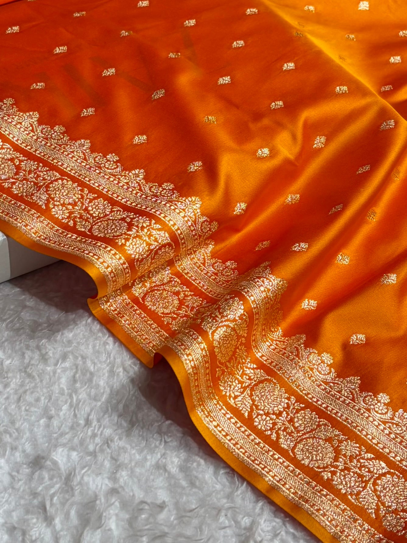 Orange Gold Shades Booti Pattern Satin Katan Silk Saree SK51