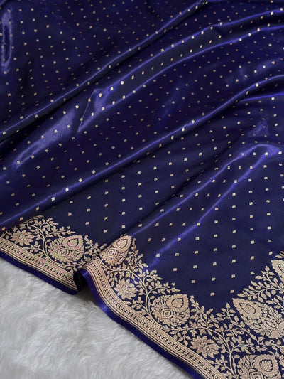 Satin Silk Saree Floral Boota in Royal Blue Shades SS28