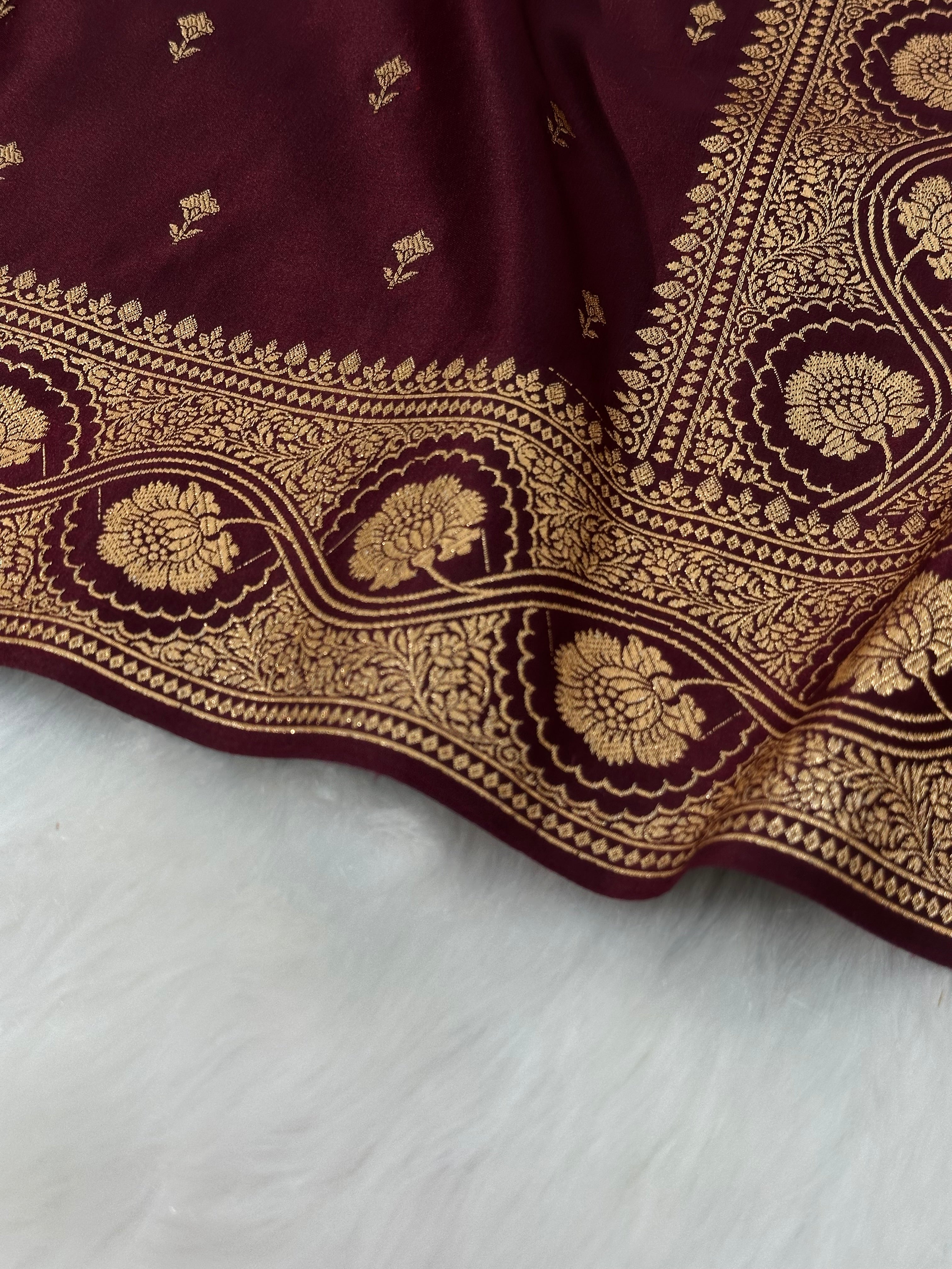 Cross Garnet shades Booti Pattern Satin Katan Silk Saree SK54