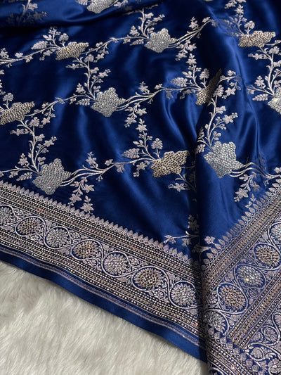 Banarasi Royal Blue Shades Swarovski Work Jaal Mashru Silk Saree BMCS63