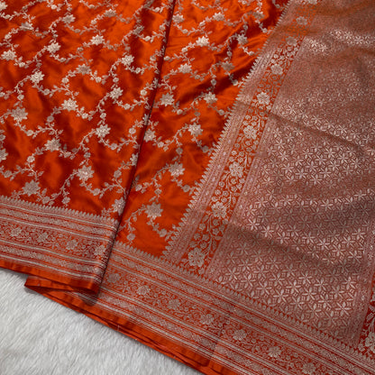 Orange Floral Jaal Mashru Silk Saree